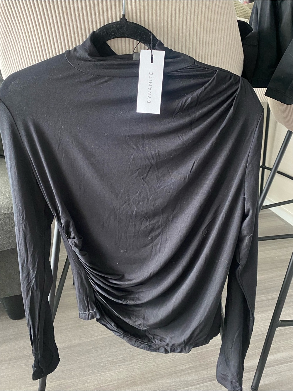 Dynamite Black Long Sleeve Mock Neck Top with Side Ruching